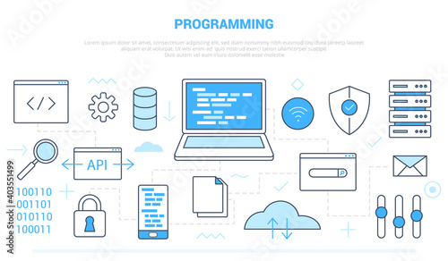 programming code software development campaign for website homepage template landing page banner with outline icon style