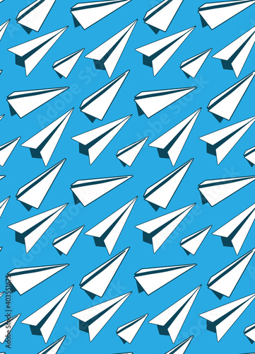 Seamless pattern of sketches of paper airplanes on blue background. Letters and mail. Transportation of correspondence by air. Vector texture for wallpaper, fabrics, wrapping paper and your creativity