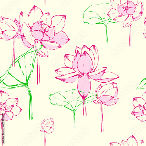 Detailed hand drawn illustration seamless floral pattern of lotus. sketch. Vector. Elements in graphic style label, card, sticker, menu, package.