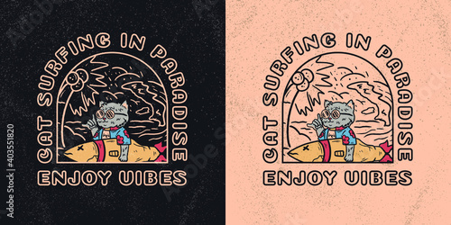 cute retro surfing cat in paradise illustration