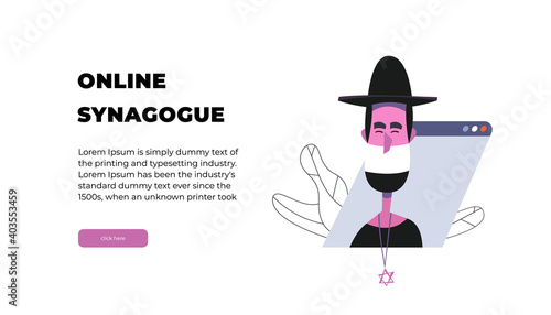 Jewish rabbi holds Saturday Sabbath online. Home synagogue during quarantine due to Covid-19 coronavirus. Internet Synagogue and Star of David vector illustration