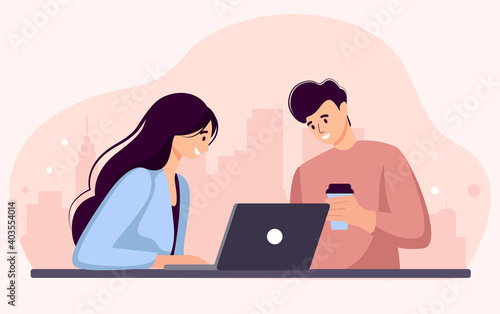 business concept. lady man work at the laptop and generate create idea. vector graphics in flat cartoon style