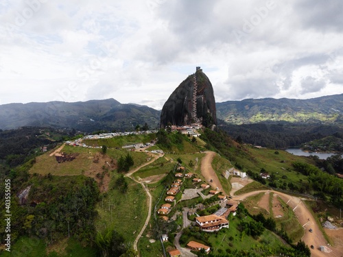 Aerial panorama of Piedra Del Penol El Penon de Guatape rock stone inselberg monolith granite dome in Antioquia Colombia photo