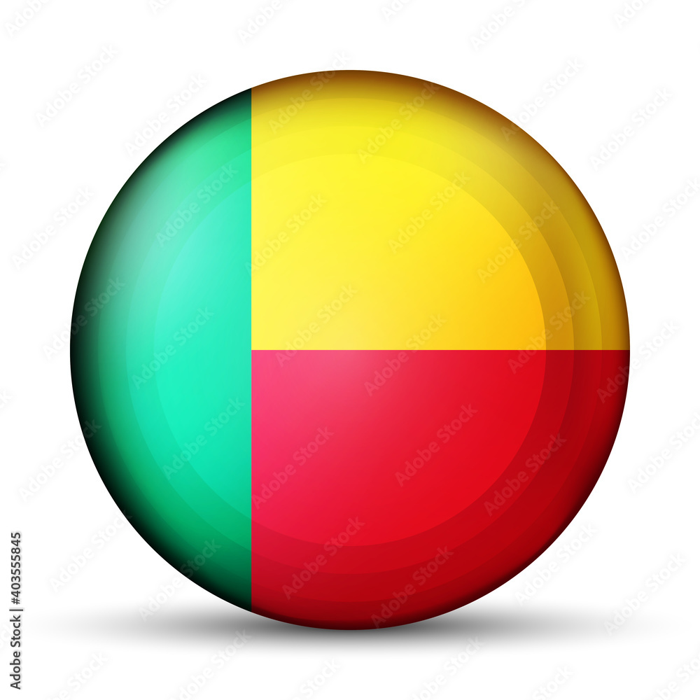 Glass light ball with flag of Benin. Round sphere, template icon. National symbol. Glossy realistic ball, 3D abstract vector illustration highlighted on a white background. Big bubble. Glass light ball with flag of Benin. Round sphere, template icon. National symbol. Glossy realistic ball, 3D abstract vector illustration highlighted on a white background. Big bubble.