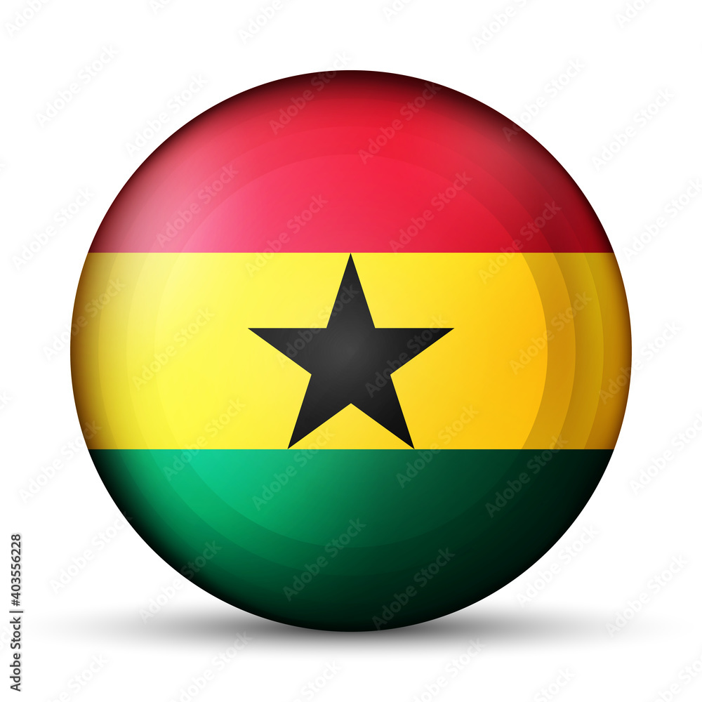 Glass light ball with flag of Ghana. Round sphere, template icon. Ghanaian national symbol. Glossy realistic ball, 3D abstract vector illustration highlighted on a white background. Big bubble. Glass light ball with flag of Ghana. Round sphere, template icon. Ghanaian national symbol. Glossy realistic ball, 3D abstract vector illustration highlighted on a white background. Big bubble.