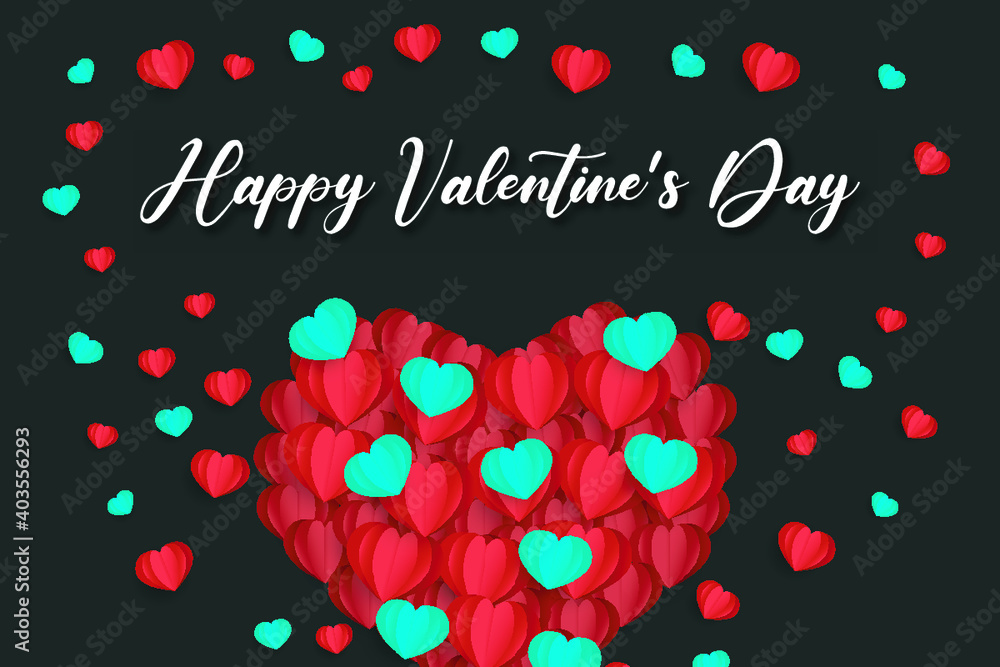 Happy Valentine's Day banner. Holiday background design with big heart made of pink, red and blue Origami Hearts on black fabric background