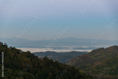 Mountain view morning of the hills around Landscape of Doi Samer Dao in Sri Nan National Park   Nan Province of Thailand