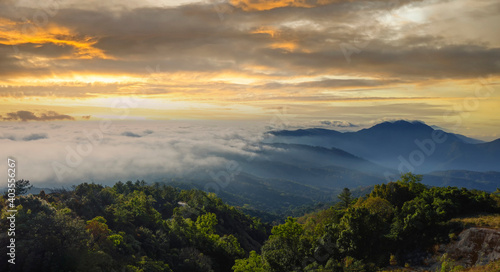 A sea of fog misty clouds flowing through mountain hill from Doi Inthanon National Park, Chiang Mai Thailand.