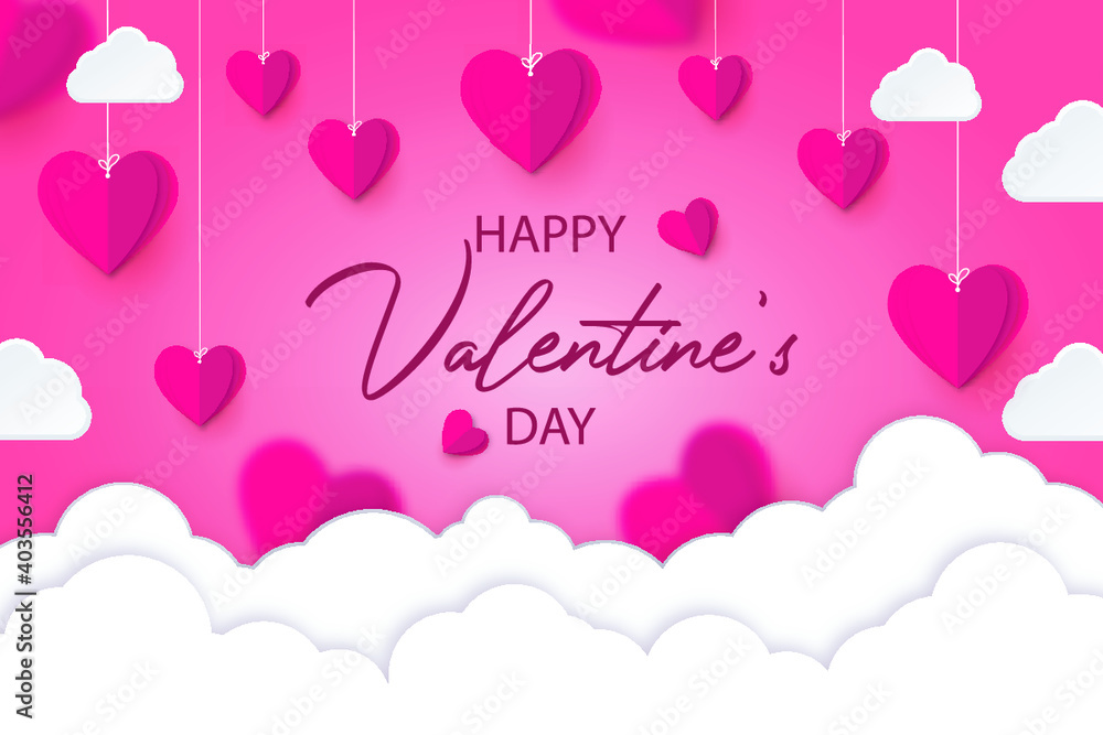 Valentines day sale background with Heart Balloons and clouds. Paper cut style. Can be used for Wallpaper, flyers, invitation, posters, brochure, banners.