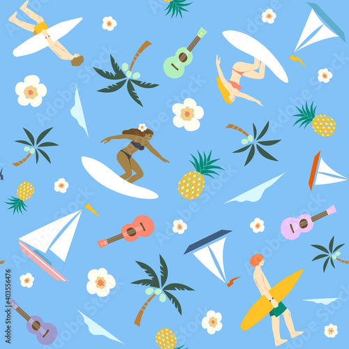 the hidden Hawaii surfing girls and boys seamless pattern for surface design, wallpaper, gift wrap, wrapping paper, ukulele, tropical theme, sail boats, pineapple, coconut trees, palm trees, beach