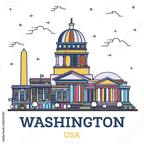 Outline Washington DC USA City Skyline with Color Buildings Isolated on White.