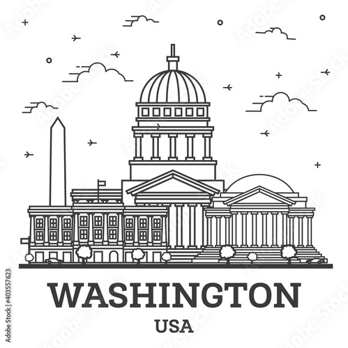 Outline Washington DC USA City Skyline with Modern Buildings Isolated on White.