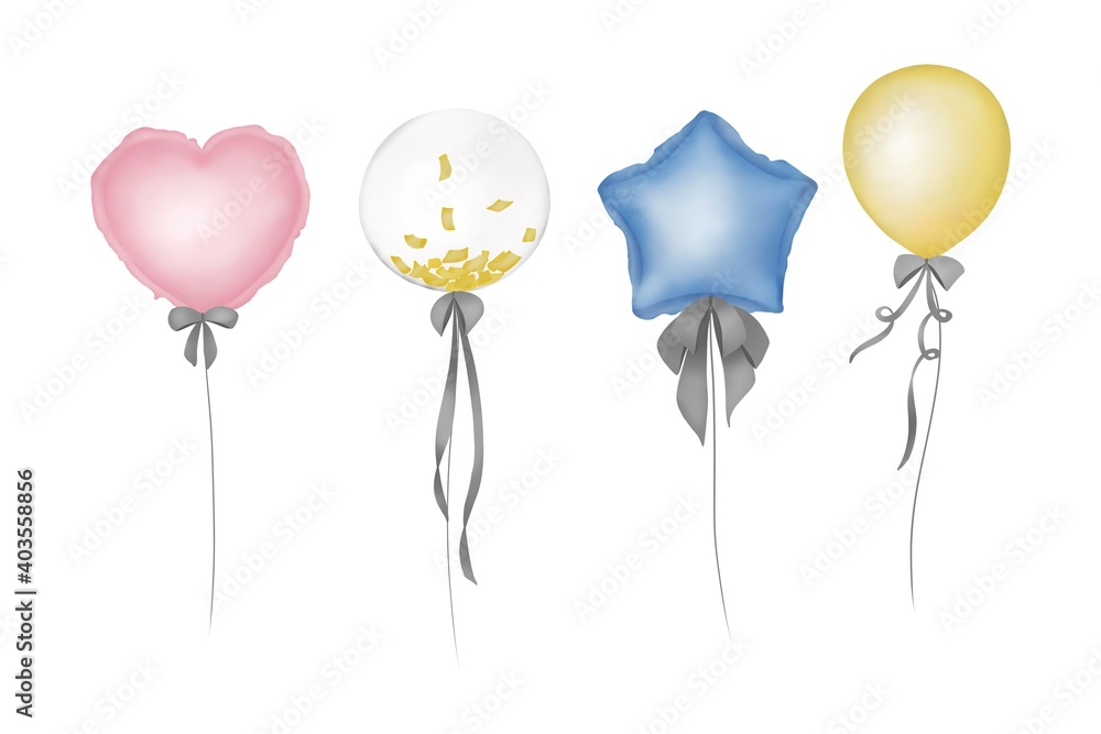 watercolor of balloons with heart, clear, star and oval shape isolated on white background watercolor of balloons with heart, clear, star and oval shape isolated on white background