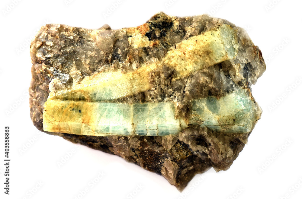 Fototapeta premium Beryl mineral of aquamarine type on white background. Found in Russia.