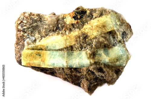 Beryl mineral of aquamarine type on white background. Found in Russia.