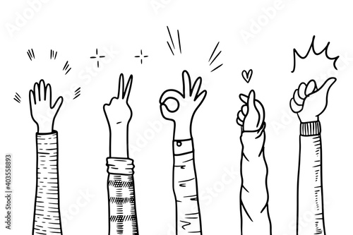 Hand Drawn sketch style of applause, thumbs up gesture. Human hands clapping ovation. on doodle style, vector illustration.