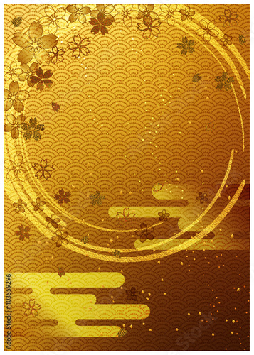 桜_和柄_丸筆模様_金箔背景