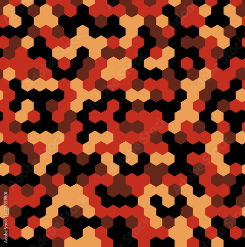 Hexagon Urban Fire Camouflage seamless patterns. Leaf cyber camo. Vector Illustration.