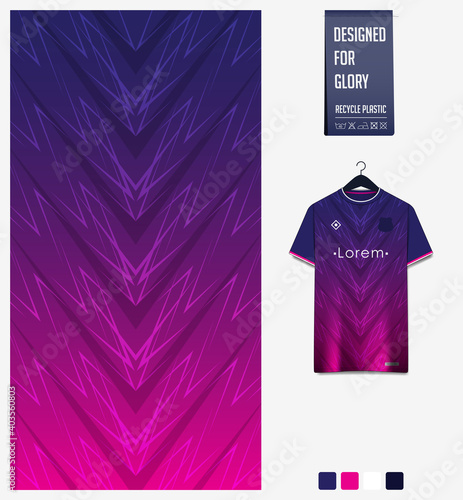 Fabric pattern design. Abstract pattern on blue violet gradient background for soccer jersey, football kit or sports uniform. T-shirt mockup template. Abstract sport background.
