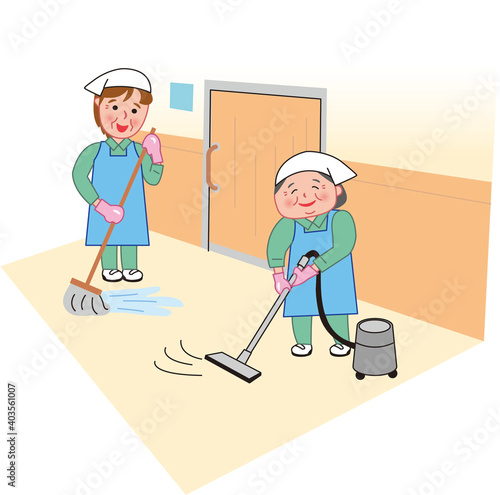 シニア女性清掃背景有