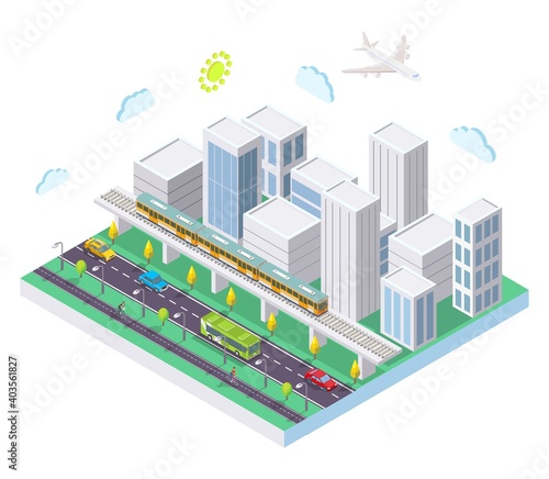 Isometric city with public transport, flat vector illustration. Taxi car, bus, rapid transit metro train. Urban transportation.