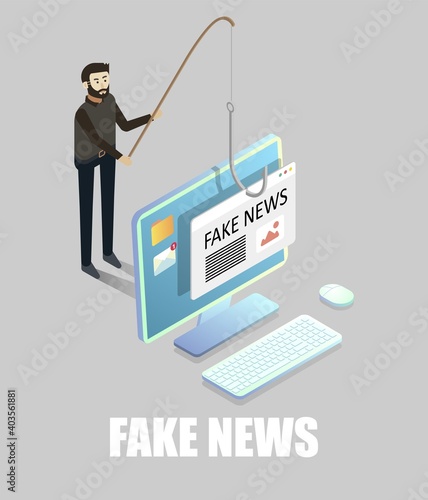 Fake news, disinformation or hoaxes, flat vector isometric illustration. False information on social media or fake news websites.