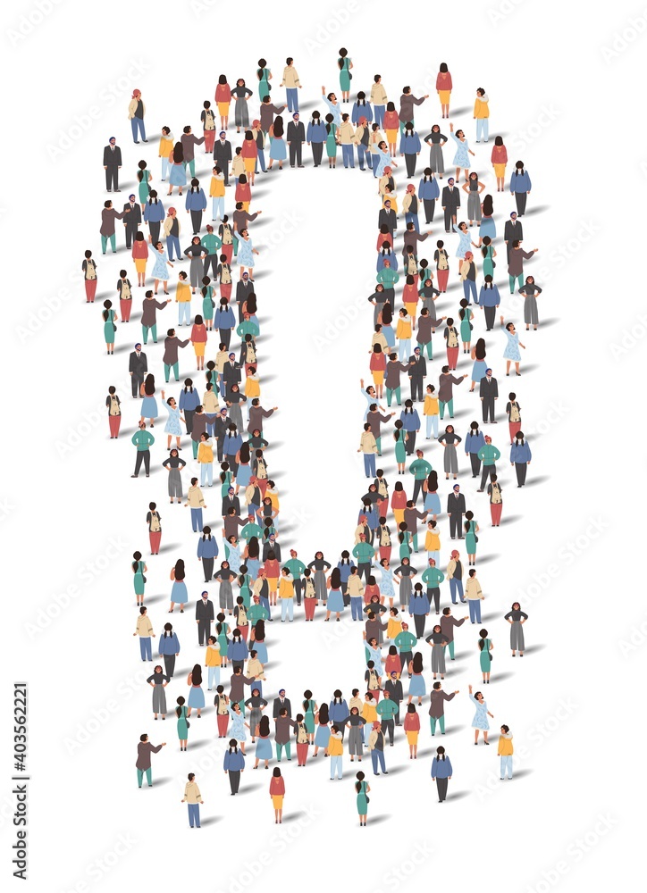 Large group of people forming exclamation mark standing together, flat vector illustration. People crowd gathering. Social problems, population concept. Large group of people forming exclamation mark standing together, flat vector illustration. People crowd gathering. Social problems, population concept.