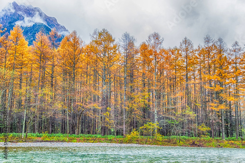 Kamikochi National Park in the Northern Japan Alps of Nagano Prefecture, Japan. Beautiful mountain in autumn leaf with river.