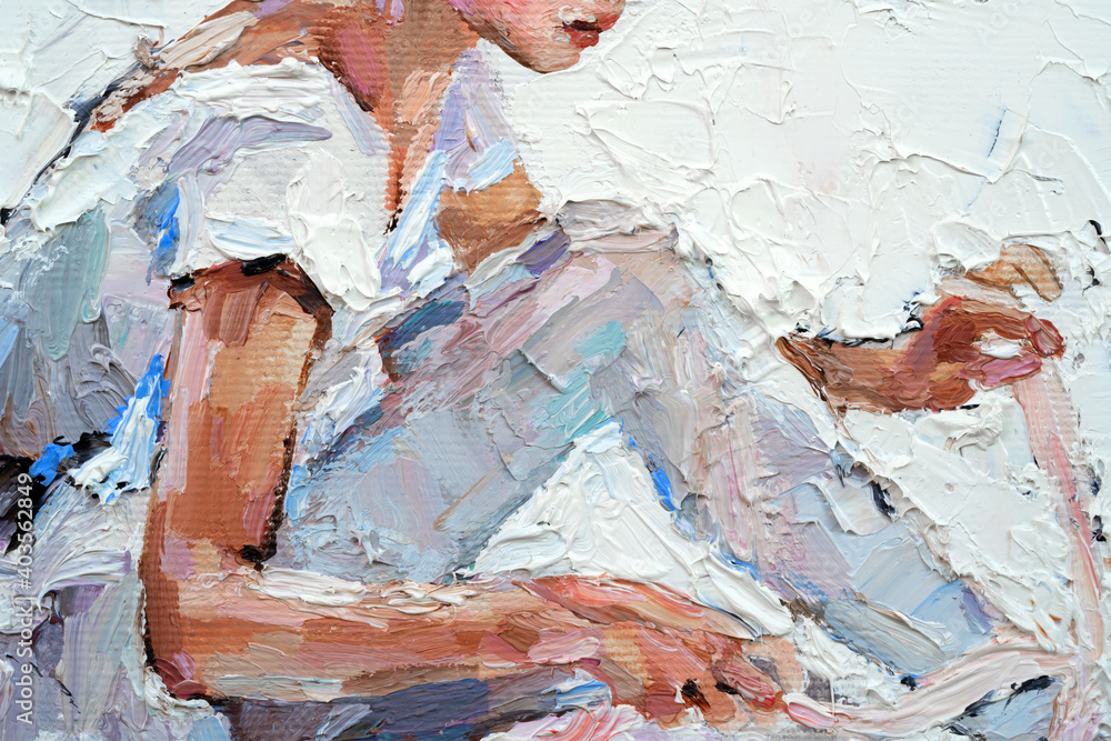 A fragment of the picture, where.a young ballerina in light tutus prepares for performances. The background is white. Oil painting on canvas..
