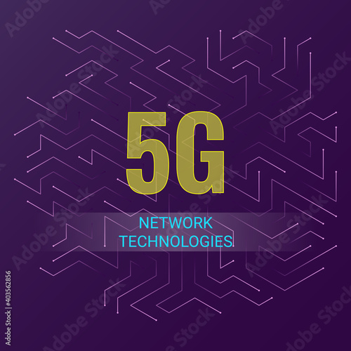Concept, fifth generation network new technologies, 5G mobile wireless communications. Vector abstract banner, in digital techno style. Dark purple background, with computer bright elements. Copyspace