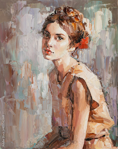 Fototapeta Naklejka Na Ścianę i Meble -  Portrait of a young, dreamy girl with curly brown hair on a mysterious abstract background. She looks very mystical and thoughtful. Palette knife technique of oil painting and brush.