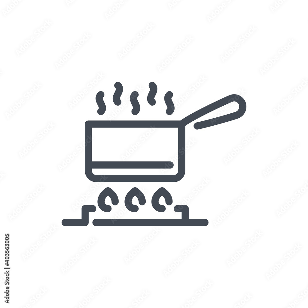 Saucepan with handle with boiling water on stove with fire line icon. Cooking pan on gas stove vector outline sign. Saucepan with handle with boiling water on stove with fire line icon. Cooking pan on gas stove vector outline sign.