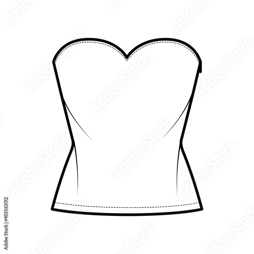 Top crop strapless sweetheart neckline technical fashion illustration with slim fit, waist length. Flat apparel shirt outwear template front, white color. Women men unisex CAD mockup