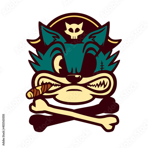 Vintage Toons: 30s style retro cartoon character angry pirate cat with jolly roger crossed bones adventure children vector illustration