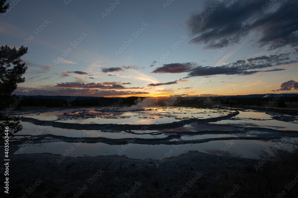Reflection of Great Fountain Geyser at Sunset, Yellowstone National Park
