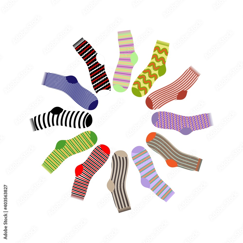 A set of multi-colored socks. A set of multi-colored socks.