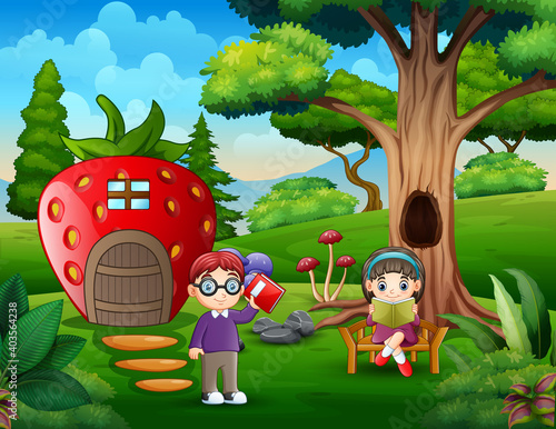 Happy children study near the strawberry house