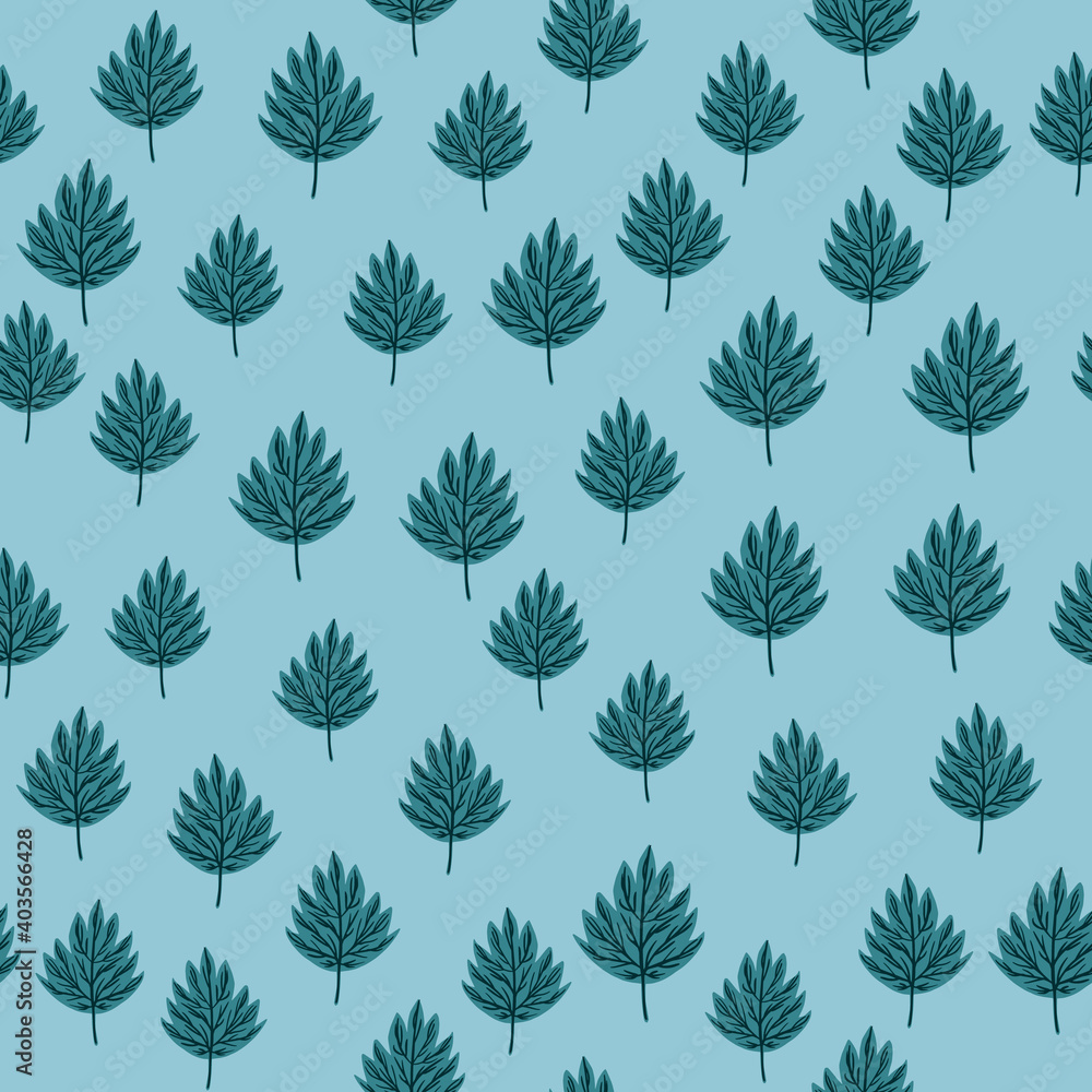 Seamless random pattern with little navy blue fall leaf ornament. Light blue background. Decorative backdrop for fabric design, textile print, wrapping, cover. Vector illustration.