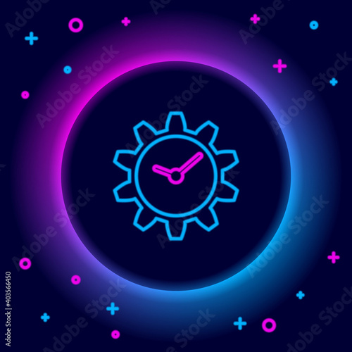 Glowing neon line Time Management icon isolated on black background. Clock and gear sign. Colorful outline concept. Vector.