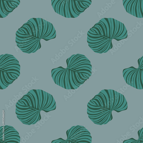 Green abstract striped monstera tropic leaves seamless pattern. Exotic print on pale blue background. Designed for fabric design, textile print, wrapping, cover. Vector illustration.