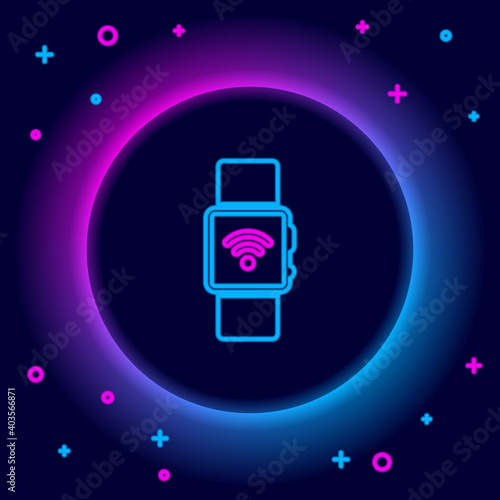 Glowing neon line Smartwatch with wireless symbol icon isolated on black background. Colorful outline concept. Vector.