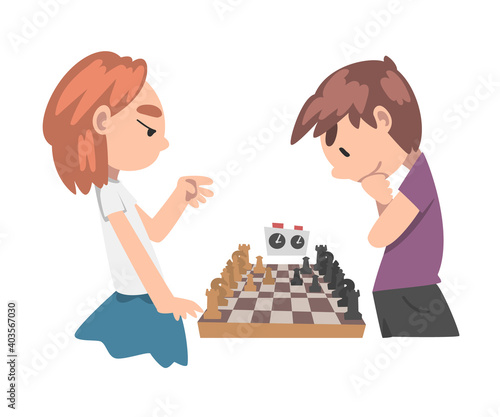 Cute Boy and Girl Playing Chess Game Together, Kids Chess Club, Tournament, Leisure Activity, Logic Game for Brain Development Concept Cartoon Style Vector Illustration