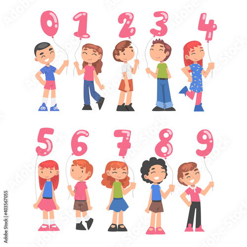 Cute Boys and Girls Holding Pink Balloons Shaped as Numbers Cartoon Style Vector Illustration