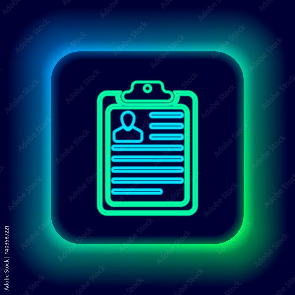 Glowing neon line Clipboard with resume icon isolated on black background. CV application. Curriculum vitae, job application form with profile photo. Colorful outline concept. Vector. Glowing neon line Clipboard with resume icon isolated on black background. CV application. Curriculum vitae, job application form with profile photo. Colorful outline concept. Vector.