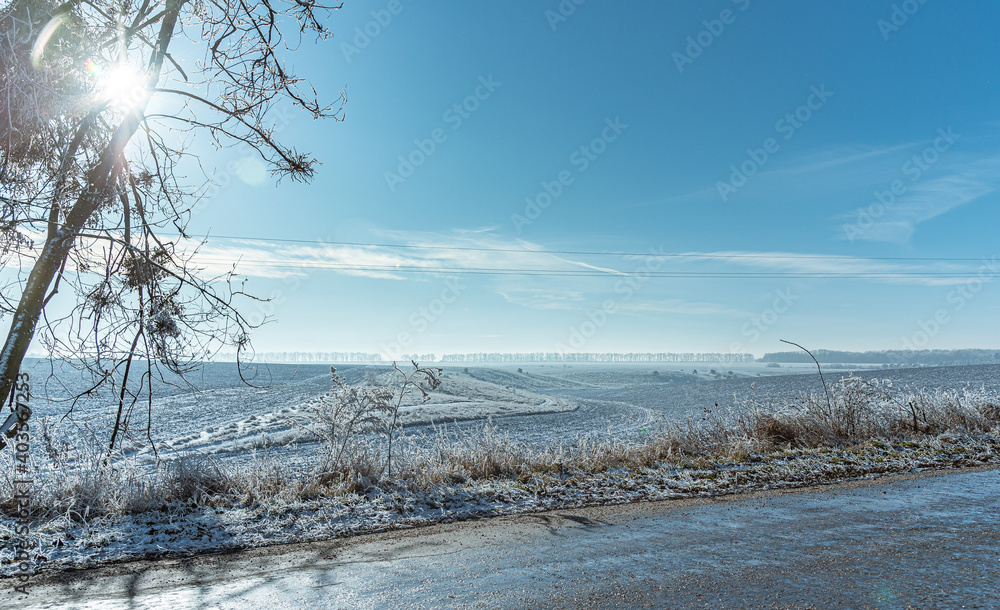 Winter moring among fields