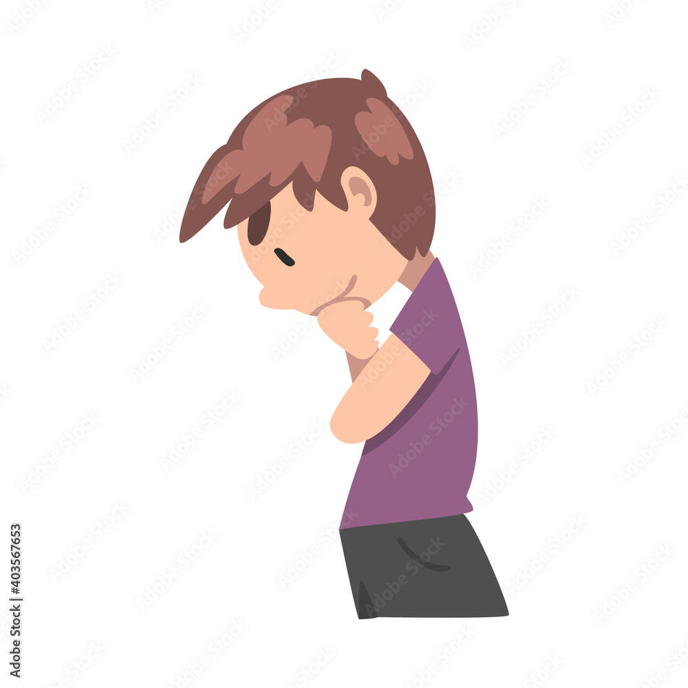 Little Boy Thinking Looking Down Cartoon Style Vector Illustration