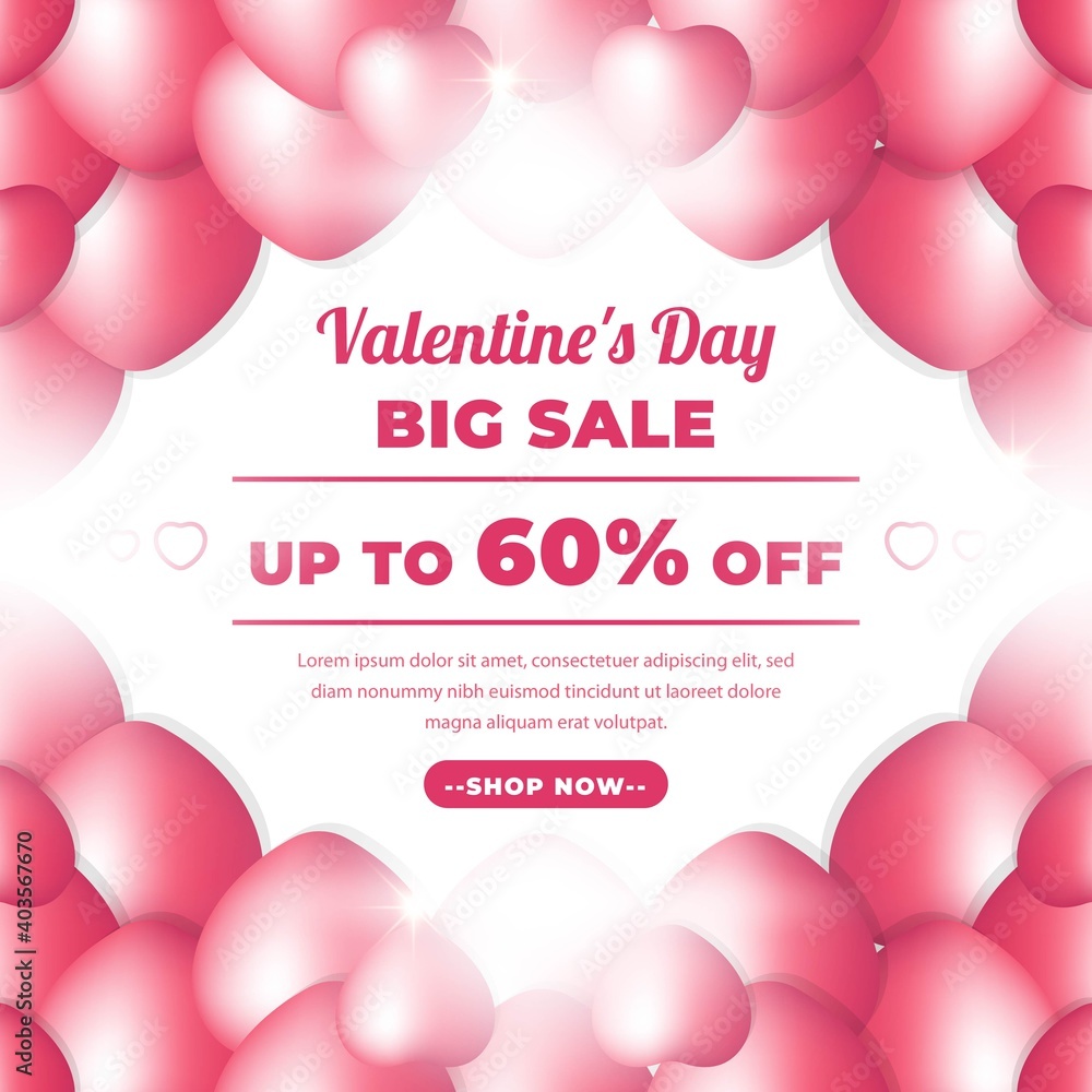 Valentine Day Banner with Pink Colour. Romantic banner For Promotion, 14 February Sale. Big Sale 50% Off for Fashion, Digital Promotion, Voucher or Card. Vector illustration - obrazy, fototapety, plakaty 