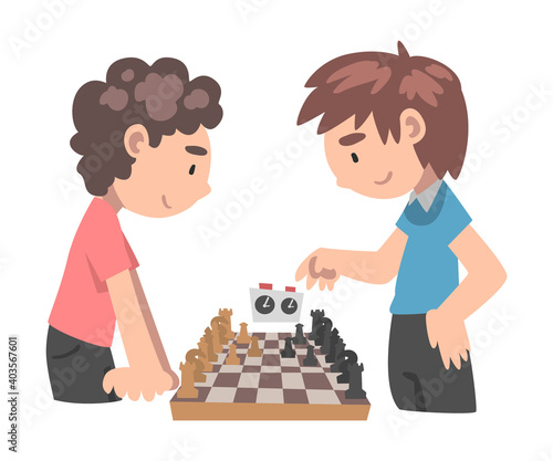 Two Boys Playing Chess Game, Kids Competing in Club or Tournament, Leisure Activity, Logic Game for Brain Development Concept Cartoon Style Vector Illustration