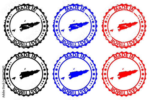 Made in East Timor - rubber stamp - vector, East Timor map pattern - black, blue and red