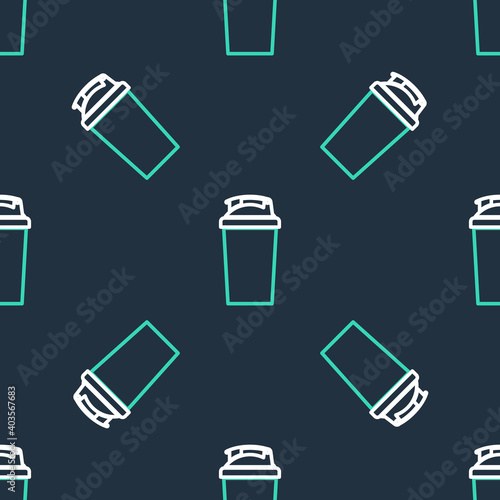Line Fitness shaker icon isolated seamless pattern on black background. Sports shaker bottle with lid for water and protein cocktails. Vector.